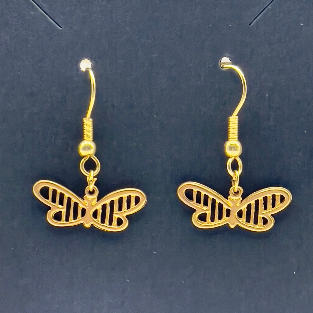 Gold Filigree Butterfly Dangle Earrings•Delicate Openwork Wing Charms - Picture 3 of 10